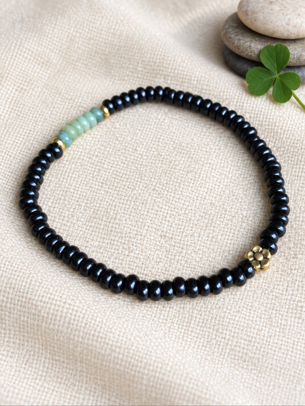 Black Obsidian & Green Jade Beaded Stretch Bracelet | Handmade